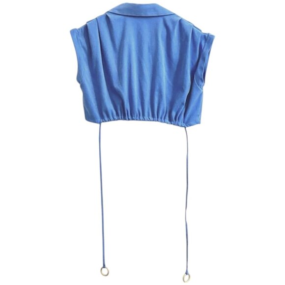 Maryallé Houdini Top Indigo Sky Blue Cotton Suede Free Size Button Crop XS-M - Picture 4 of 11